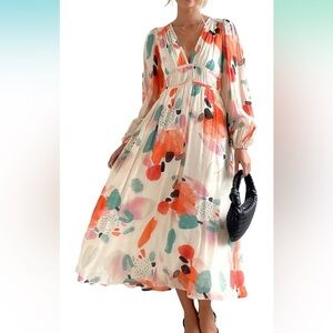Long sleeve boho flowy floral midi dress
